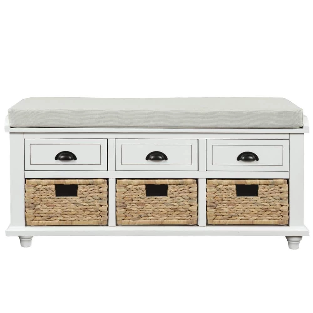 18.7''HX42.1''W X15.4''D White Rustic Storage Bench with 3 Drawers, 3 Rattan Baskets, Shoe Bench for Living Room by Aoibox 1 18.7''HX42.1''W X15.4''D White Rustic Storage Bench with 3 Drawers, 3 Rattan Baskets, Shoe Bench for Living Room by Aoibox