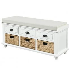 18.7''HX42.1''W X15.4''D White Rustic Storage Bench with 3 Drawers, 3 Rattan Baskets, Shoe Bench for Living Room by Aoibox 20 18.7''HX42.1''W X15.4''D White Rustic Storage Bench with 3 Drawers, 3 Rattan Baskets, Shoe Bench for Living Room by Aoibox -Homepop Sales white aoibox bedroom benches snmx240 76 1000