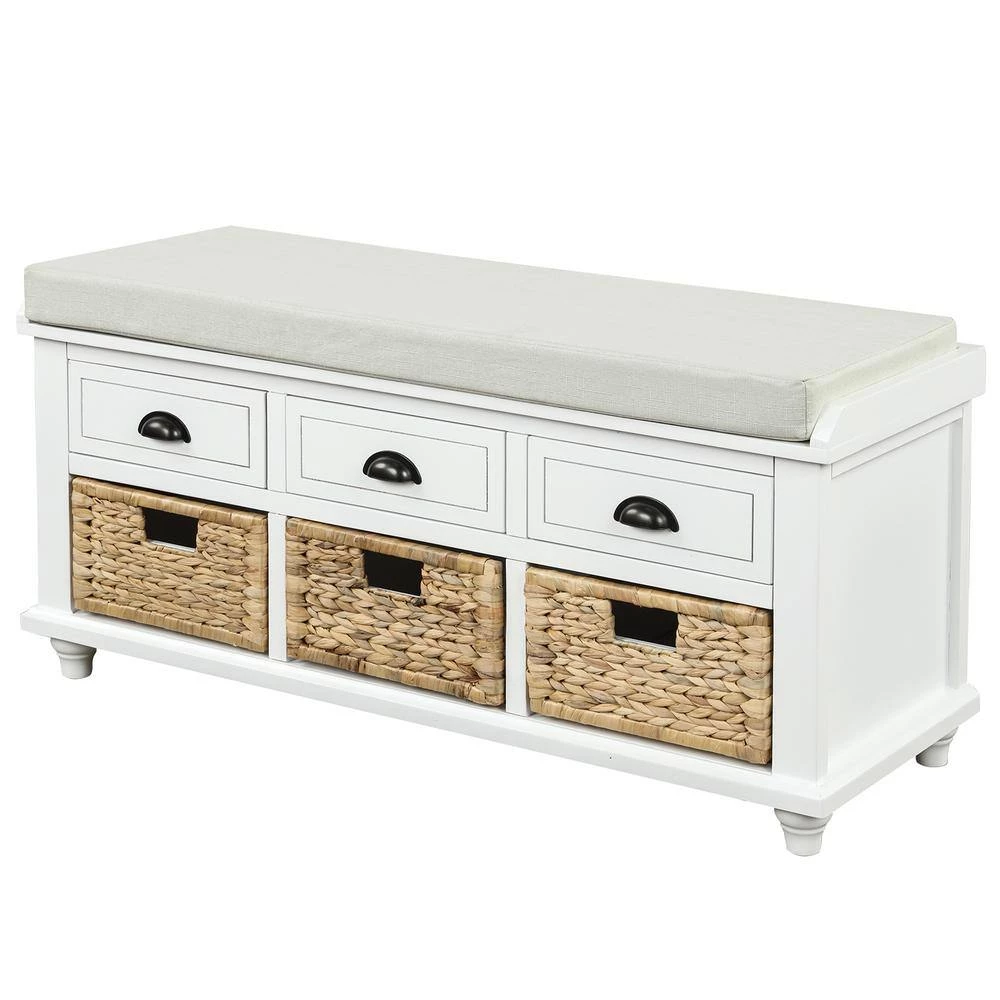 18.7''HX42.1''W X15.4''D White Rustic Storage Bench with 3 Drawers, 3 Rattan Baskets, Shoe Bench for Living Room by Aoibox 10 18.7''HX42.1''W X15.4''D White Rustic Storage Bench with 3 Drawers, 3 Rattan Baskets, Shoe Bench for Living Room by Aoibox - Image 10