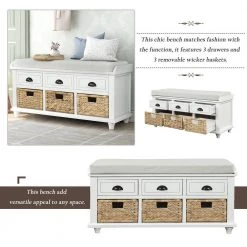 18.7''HX42.1''W X15.4''D White Rustic Storage Bench with 3 Drawers, 3 Rattan Baskets, Shoe Bench for Living Room by Aoibox 15 18.7''HX42.1''W X15.4''D White Rustic Storage Bench with 3 Drawers, 3 Rattan Baskets, Shoe Bench for Living Room by Aoibox -Homepop Sales white aoibox bedroom benches snmx240 c3 1000