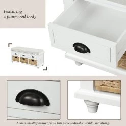 18.7''HX42.1''W X15.4''D White Rustic Storage Bench with 3 Drawers, 3 Rattan Baskets, Shoe Bench for Living Room by Aoibox 19 18.7''HX42.1''W X15.4''D White Rustic Storage Bench with 3 Drawers, 3 Rattan Baskets, Shoe Bench for Living Room by Aoibox -Homepop Sales white aoibox bedroom benches snmx240 fa 1000