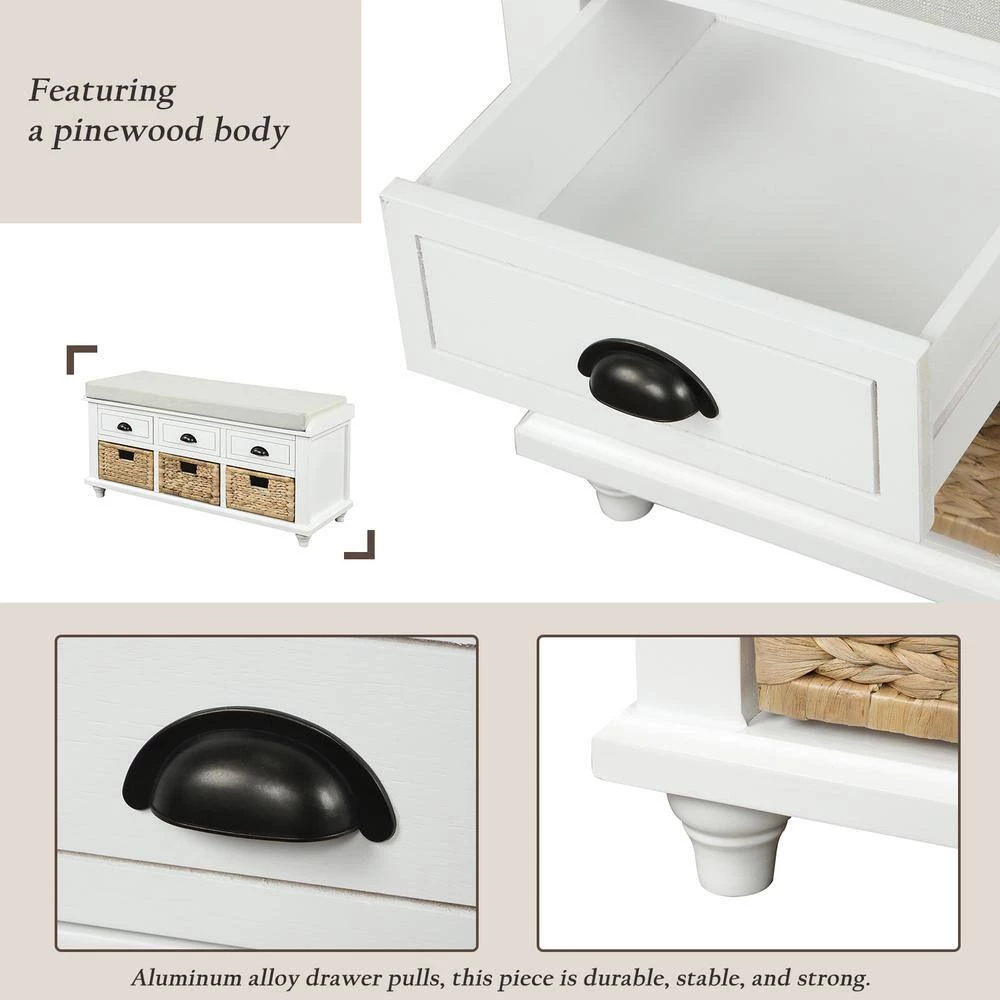 18.7''HX42.1''W X15.4''D White Rustic Storage Bench with 3 Drawers, 3 Rattan Baskets, Shoe Bench for Living Room by Aoibox 9 18.7''HX42.1''W X15.4''D White Rustic Storage Bench with 3 Drawers, 3 Rattan Baskets, Shoe Bench for Living Room by Aoibox - Image 9