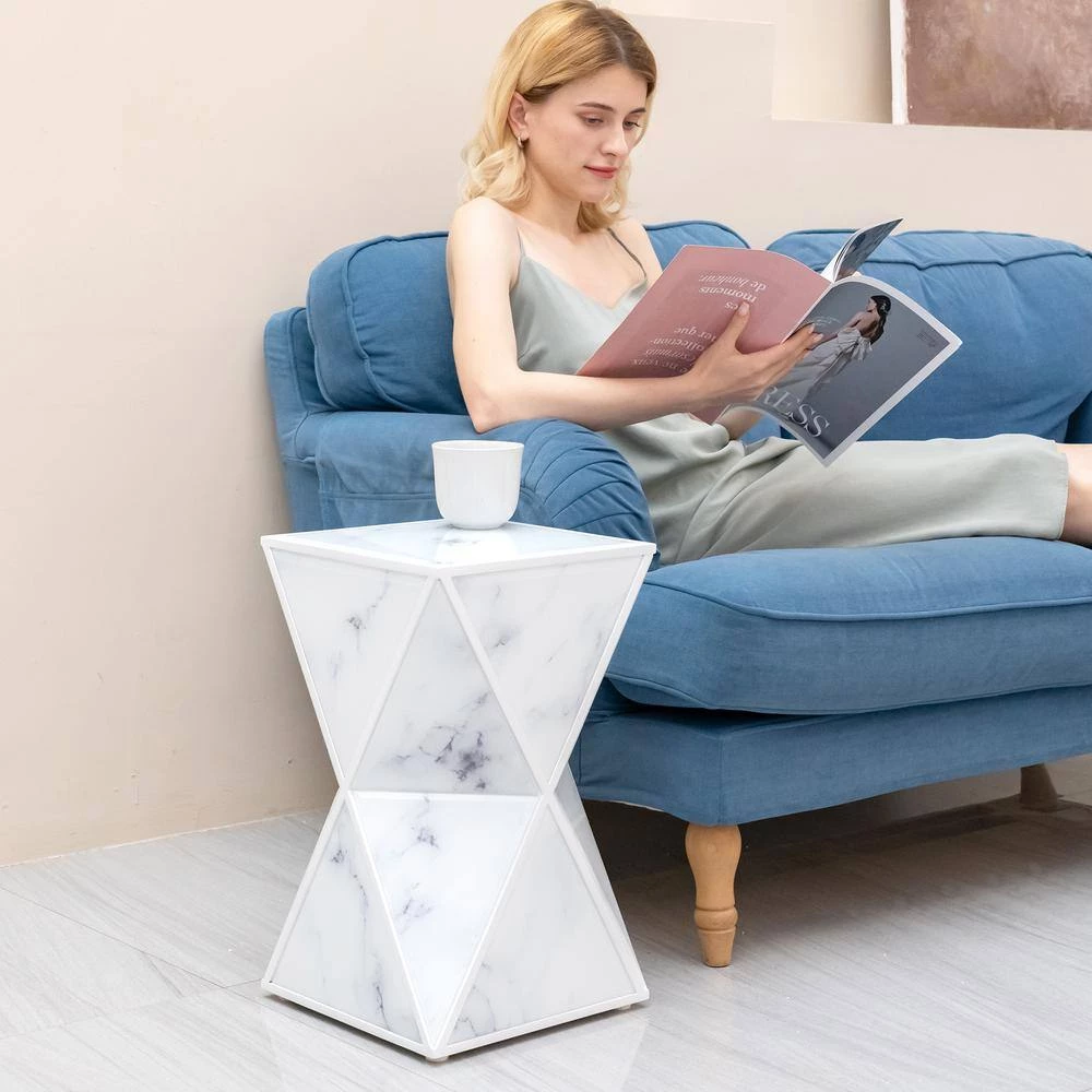Marble Textured Glass and MDF Frame Classical Geometry End Table Side Table (11.8 in. L x 11.8 in. W x 19.7 in. H) by Aoibox 5 Marble Textured Glass and MDF Frame Classical Geometry End Table Side Table (11.8 in. L x 11.8 in. W x 19.7 in. H) by Aoibox - Image 5