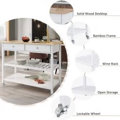 43.3 in. Rolling Kitchen Serving Cart with Solid Wood Top and Locking Wheels, Two Open Storage Shelves and Two Drawers by Aoibox 18 43.3 in. Rolling Kitchen Serving Cart with Solid Wood Top and Locking Wheels, Two Open Storage Shelves and Two Drawers by Aoibox -Homepop Sales white aoibox kitchen islands snmx3644 66 1000