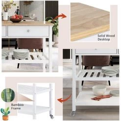 43.3 in. Rolling Kitchen Serving Cart with Solid Wood Top and Locking Wheels, Two Open Storage Shelves and Two Drawers by Aoibox 20 43.3 in. Rolling Kitchen Serving Cart with Solid Wood Top and Locking Wheels, Two Open Storage Shelves and Two Drawers by Aoibox -Homepop Sales white aoibox kitchen islands snmx3644 c3 1000