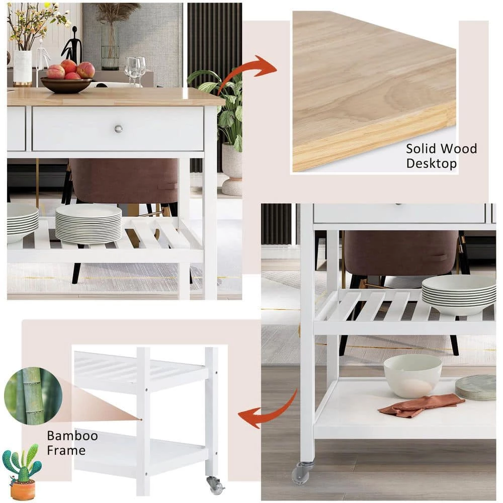 43.3 in. Rolling Kitchen Serving Cart with Solid Wood Top and Locking Wheels, Two Open Storage Shelves and Two Drawers by Aoibox 7 43.3 in. Rolling Kitchen Serving Cart with Solid Wood Top and Locking Wheels, Two Open Storage Shelves and Two Drawers by Aoibox - Image 7