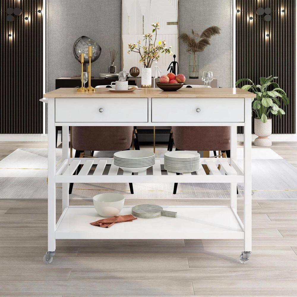 43.3 in. Rolling Kitchen Serving Cart with Solid Wood Top and Locking Wheels, Two Open Storage Shelves and Two Drawers by Aoibox 14 43.3 in. Rolling Kitchen Serving Cart with Solid Wood Top and Locking Wheels, Two Open Storage Shelves and Two Drawers by Aoibox - Image 14