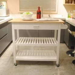 40 in. Rolling Kitchen Serving Cart with Clear Painting Wood Top and Locking Wheels, Two Shelves and a Drawers by Aoibox