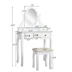 55.5x15.7x31.5 White Vanity Table Set with 12 LED Bulbs, Cushioned Stool, Removeable 360° Rotating Mirror and 5 Drawers by Aoibox 20 55.5x15.7x31.5 White Vanity Table Set with 12 LED Bulbs, Cushioned Stool, Removeable 360° Rotating Mirror and 5 Drawers by Aoibox -Homepop Sales white aoibox makeup vanities snmx086 1f 1000