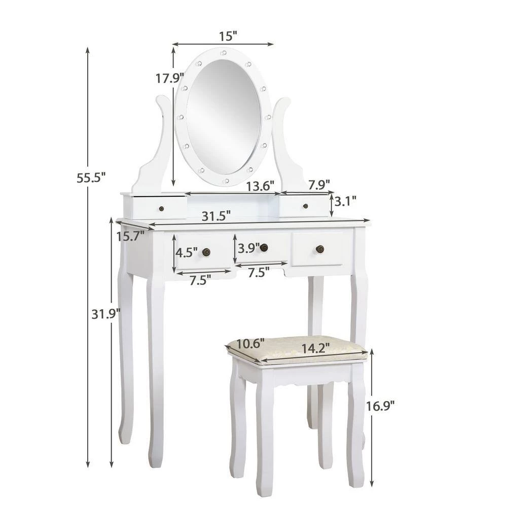 55.5x15.7x31.5 White Vanity Table Set with 12 LED Bulbs, Cushioned Stool, Removeable 360° Rotating Mirror and 5 Drawers by Aoibox 8 55.5x15.7x31.5 White Vanity Table Set with 12 LED Bulbs, Cushioned Stool, Removeable 360° Rotating Mirror and 5 Drawers by Aoibox - Image 8