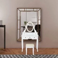 55.5x15.7x31.5 White Vanity Table Set with 12 LED Bulbs, Cushioned Stool, Removeable 360° Rotating Mirror and 5 Drawers by Aoibox 25 55.5x15.7x31.5 White Vanity Table Set with 12 LED Bulbs, Cushioned Stool, Removeable 360° Rotating Mirror and 5 Drawers by Aoibox -Homepop Sales white aoibox makeup vanities snmx086 31 1000