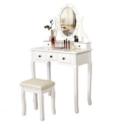 55.5x15.7x31.5 White Vanity Table Set with 12 LED Bulbs, Cushioned Stool, Removeable 360° Rotating Mirror and 5 Drawers by Aoibox 15 55.5x15.7x31.5 White Vanity Table Set with 12 LED Bulbs, Cushioned Stool, Removeable 360° Rotating Mirror and 5 Drawers by Aoibox -Homepop Sales white aoibox makeup vanities snmx086 40 1000