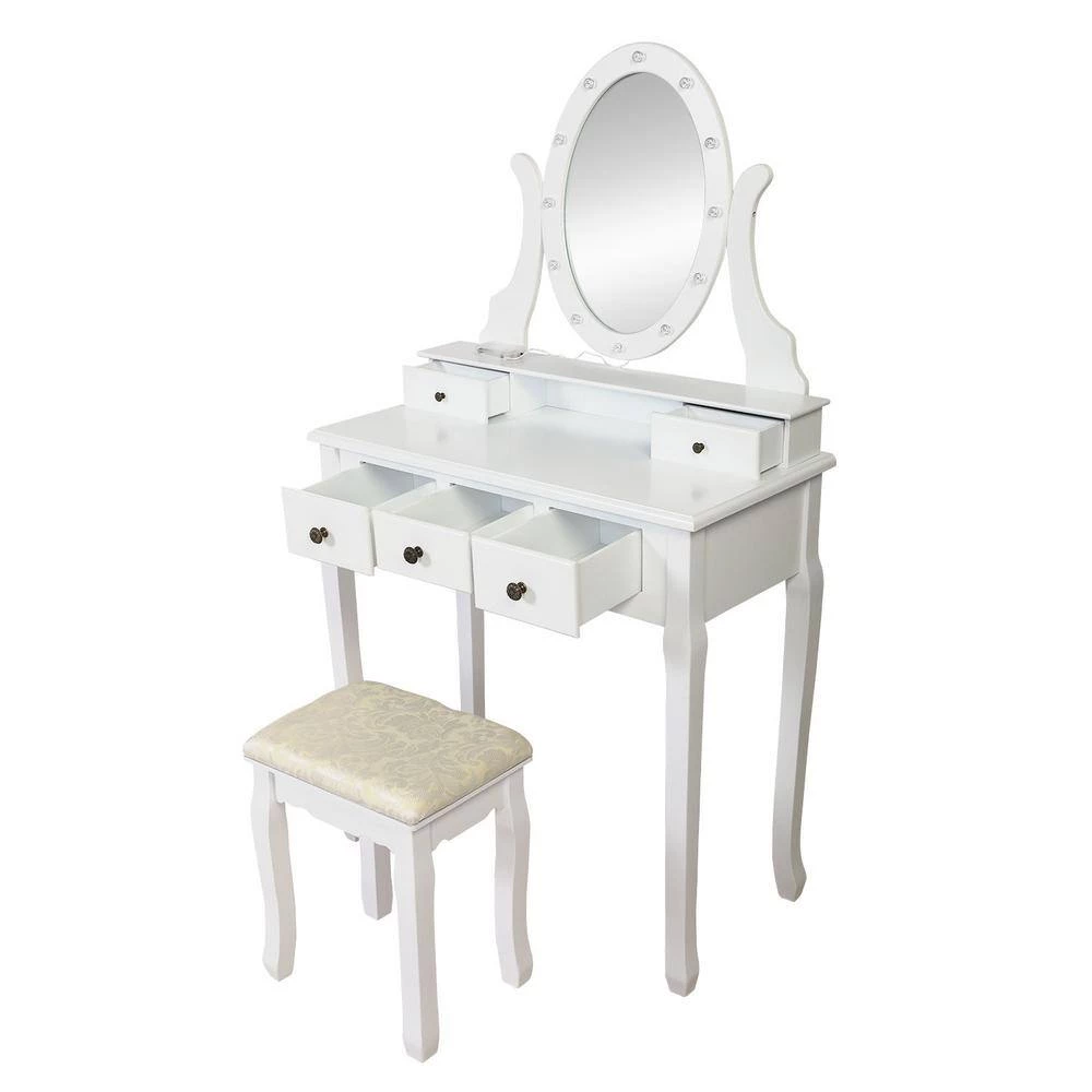 55.5x15.7x31.5 White Vanity Table Set with 12 LED Bulbs, Cushioned Stool, Removeable 360° Rotating Mirror and 5 Drawers by Aoibox 7 55.5x15.7x31.5 White Vanity Table Set with 12 LED Bulbs, Cushioned Stool, Removeable 360° Rotating Mirror and 5 Drawers by Aoibox - Image 7