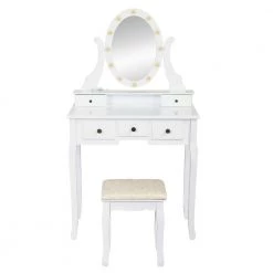 55.5x15.7x31.5 White Vanity Table Set with 12 LED Bulbs, Cushioned Stool, Removeable 360° Rotating Mirror and 5 Drawers by Aoibox