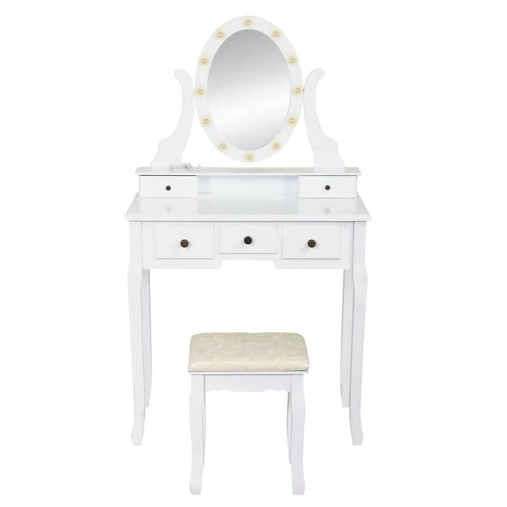 55.5x15.7x31.5 White Vanity Table Set with 12 LED Bulbs, Cushioned Stool, Removeable 360° Rotating Mirror and 5 Drawers by Aoibox 1 55.5x15.7x31.5 White Vanity Table Set with 12 LED Bulbs, Cushioned Stool, Removeable 360° Rotating Mirror and 5 Drawers by Aoibox