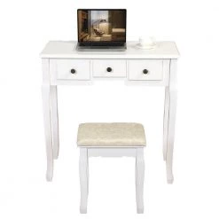 55.5x15.7x31.5 White Vanity Table Set with 12 LED Bulbs, Cushioned Stool, Removeable 360° Rotating Mirror and 5 Drawers by Aoibox 18 55.5x15.7x31.5 White Vanity Table Set with 12 LED Bulbs, Cushioned Stool, Removeable 360° Rotating Mirror and 5 Drawers by Aoibox -Homepop Sales white aoibox makeup vanities snmx086 c3 1000