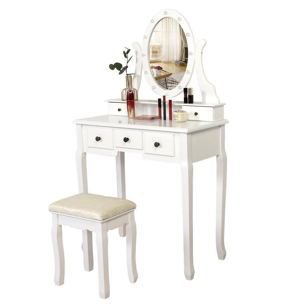 55.5x15.7x31.5 White Vanity Table Set with 12 LED Bulbs, Cushioned Stool, Removeable 360° Rotating Mirror and 5 Drawers by Aoibox 2 55.5x15.7x31.5 White Vanity Table Set with 12 LED Bulbs, Cushioned Stool, Removeable 360° Rotating Mirror and 5 Drawers by Aoibox - Image 2