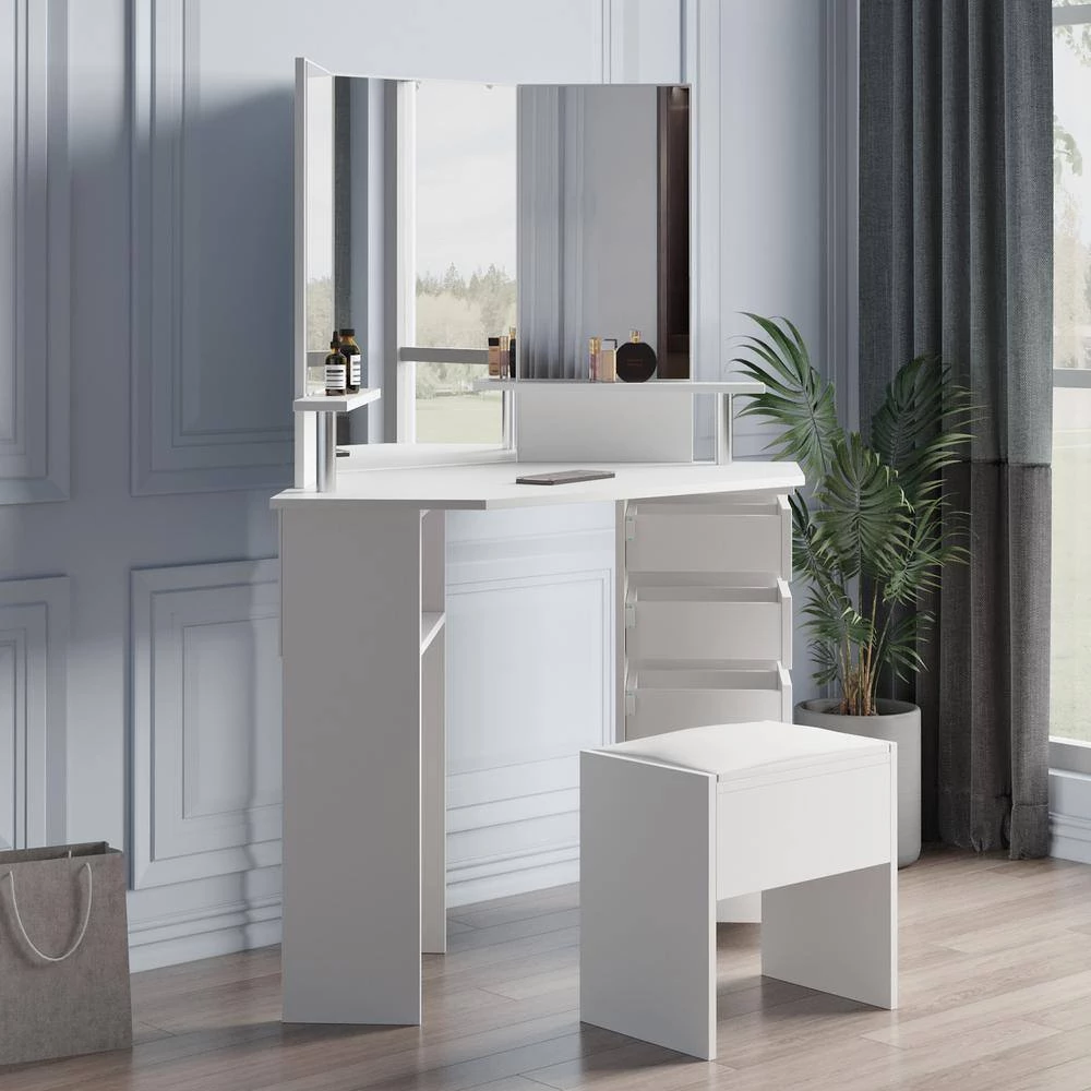 43.7in. x 24.02in. x 55.91in. White Wooden Vanity Table Corner Dressing Table with Three-Fold Mirror and 5 Rotary Drawer by Aoibox 10 43.7in. x 24.02in. x 55.91in. White Wooden Vanity Table Corner Dressing Table with Three-Fold Mirror and 5 Rotary Drawer by Aoibox - Image 10