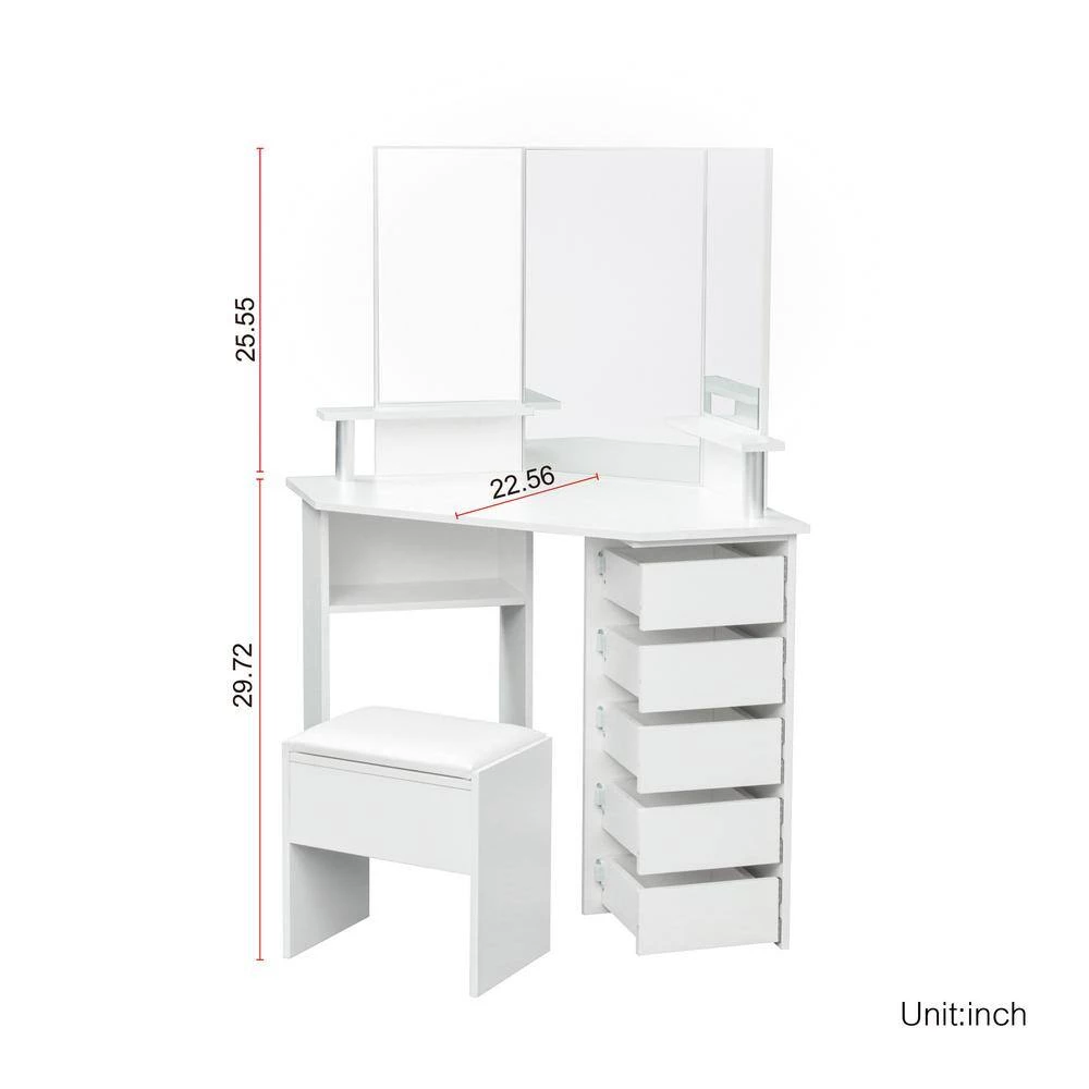 43.7in. x 24.02in. x 55.91in. White Wooden Vanity Table Corner Dressing Table with Three-Fold Mirror and 5 Rotary Drawer by Aoibox 7 43.7in. x 24.02in. x 55.91in. White Wooden Vanity Table Corner Dressing Table with Three-Fold Mirror and 5 Rotary Drawer by Aoibox - Image 7
