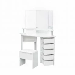 43.7in. x 24.02in. x 55.91in. White Wooden Vanity Table Corner Dressing Table with Three-Fold Mirror and 5 Rotary Drawer by Aoibox