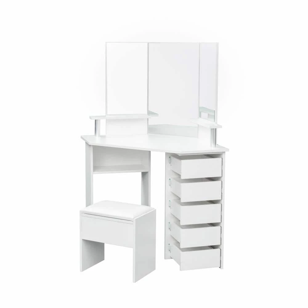 43.7in. x 24.02in. x 55.91in. White Wooden Vanity Table Corner Dressing Table with Three-Fold Mirror and 5 Rotary Drawer by Aoibox 1 43.7in. x 24.02in. x 55.91in. White Wooden Vanity Table Corner Dressing Table with Three-Fold Mirror and 5 Rotary Drawer by Aoibox