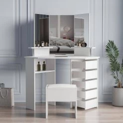 43.7in. x 24.02in. x 55.91in. White Wooden Vanity Table Corner Dressing Table with Three-Fold Mirror and 5 Rotary Drawer by Aoibox 13 43.7in. x 24.02in. x 55.91in. White Wooden Vanity Table Corner Dressing Table with Three-Fold Mirror and 5 Rotary Drawer by Aoibox -Homepop Sales white aoibox makeup vanities snmx491 c3 1000