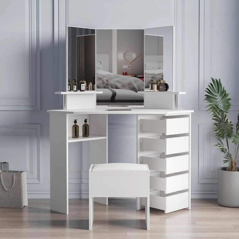 43.7in. x 24.02in. x 55.91in. White Wooden Vanity Table Corner Dressing Table with Three-Fold Mirror and 5 Rotary Drawer by Aoibox 4 43.7in. x 24.02in. x 55.91in. White Wooden Vanity Table Corner Dressing Table with Three-Fold Mirror and 5 Rotary Drawer by Aoibox - Image 4