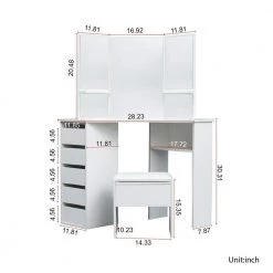 44.88in. x 24.02in. x 55.12in. White Wooden Vanity Table Set Corner Dressing Table with Three-Fold Mirror and 5 Drawer by Aoibox 17 44.88in. x 24.02in. x 55.12in. White Wooden Vanity Table Set Corner Dressing Table with Three-Fold Mirror and 5 Drawer by Aoibox -Homepop Sales white aoibox makeup vanities snmx492 1f 1000