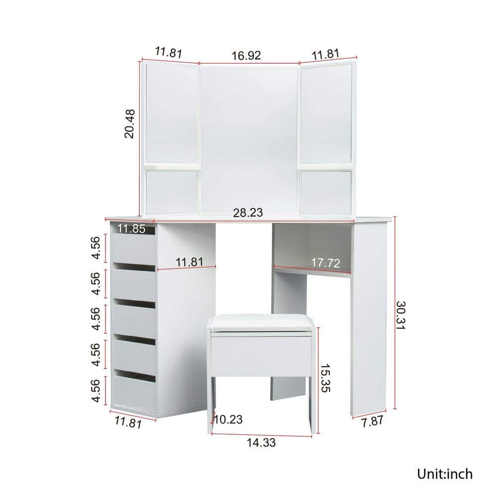 44.88in. x 24.02in. x 55.12in. White Wooden Vanity Table Set Corner Dressing Table with Three-Fold Mirror and 5 Drawer by Aoibox 7 44.88in. x 24.02in. x 55.12in. White Wooden Vanity Table Set Corner Dressing Table with Three-Fold Mirror and 5 Drawer by Aoibox - Image 7