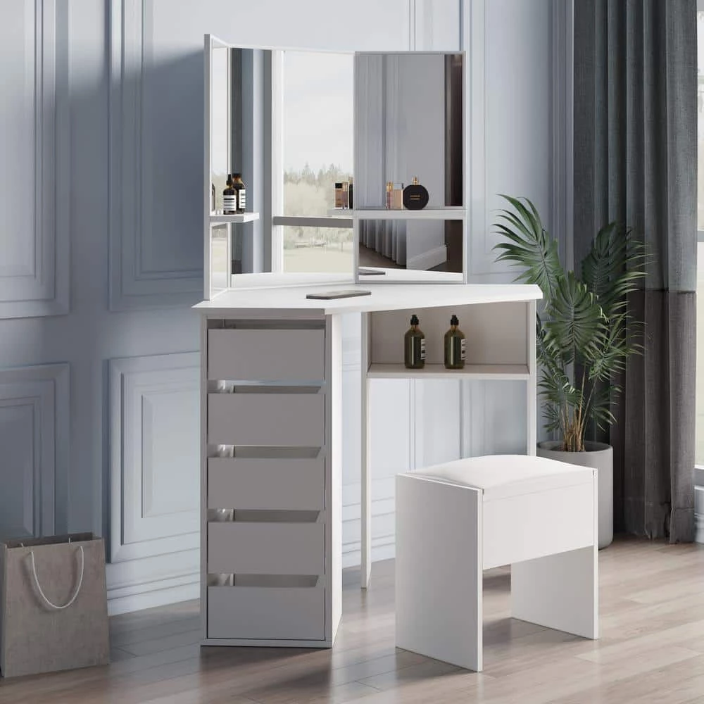 44.88in. x 24.02in. x 55.12in. White Wooden Vanity Table Set Corner Dressing Table with Three-Fold Mirror and 5 Drawer by Aoibox 11 44.88in. x 24.02in. x 55.12in. White Wooden Vanity Table Set Corner Dressing Table with Three-Fold Mirror and 5 Drawer by Aoibox - Image 11