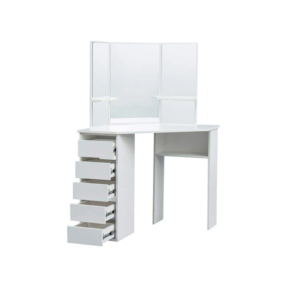 44.88in. x 24.02in. x 55.12in. White Wooden Vanity Table Set Corner Dressing Table with Three-Fold Mirror and 5 Drawer by Aoibox 8 44.88in. x 24.02in. x 55.12in. White Wooden Vanity Table Set Corner Dressing Table with Three-Fold Mirror and 5 Drawer by Aoibox - Image 8