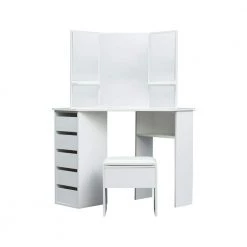 44.88in. x 24.02in. x 55.12in. White Wooden Vanity Table Set Corner Dressing Table with Three-Fold Mirror and 5 Drawer by Aoibox
