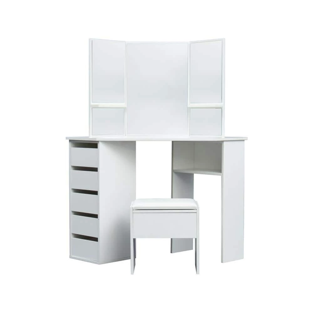 44.88in. x 24.02in. x 55.12in. White Wooden Vanity Table Set Corner Dressing Table with Three-Fold Mirror and 5 Drawer by Aoibox 1 44.88in. x 24.02in. x 55.12in. White Wooden Vanity Table Set Corner Dressing Table with Three-Fold Mirror and 5 Drawer by Aoibox