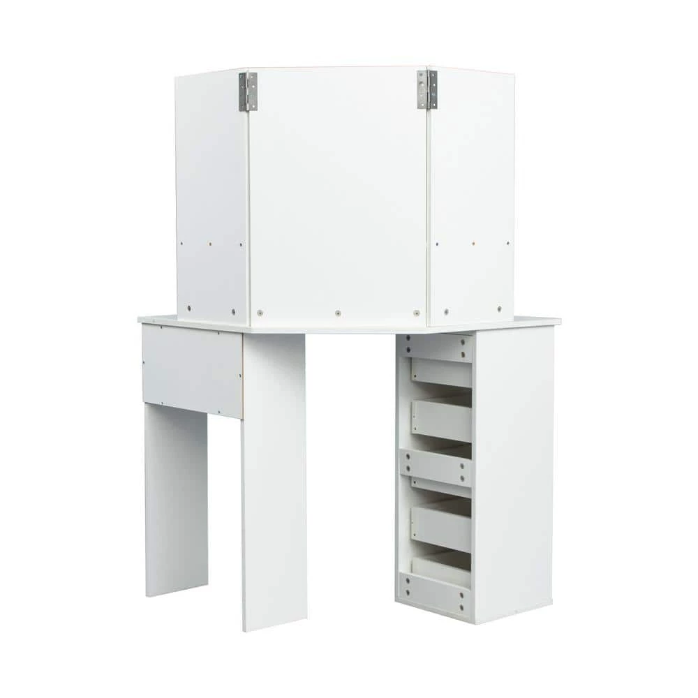 44.88in. x 24.02in. x 55.12in. White Wooden Vanity Table Set Corner Dressing Table with Three-Fold Mirror and 5 Drawer by Aoibox 4 44.88in. x 24.02in. x 55.12in. White Wooden Vanity Table Set Corner Dressing Table with Three-Fold Mirror and 5 Drawer by Aoibox - Image 4