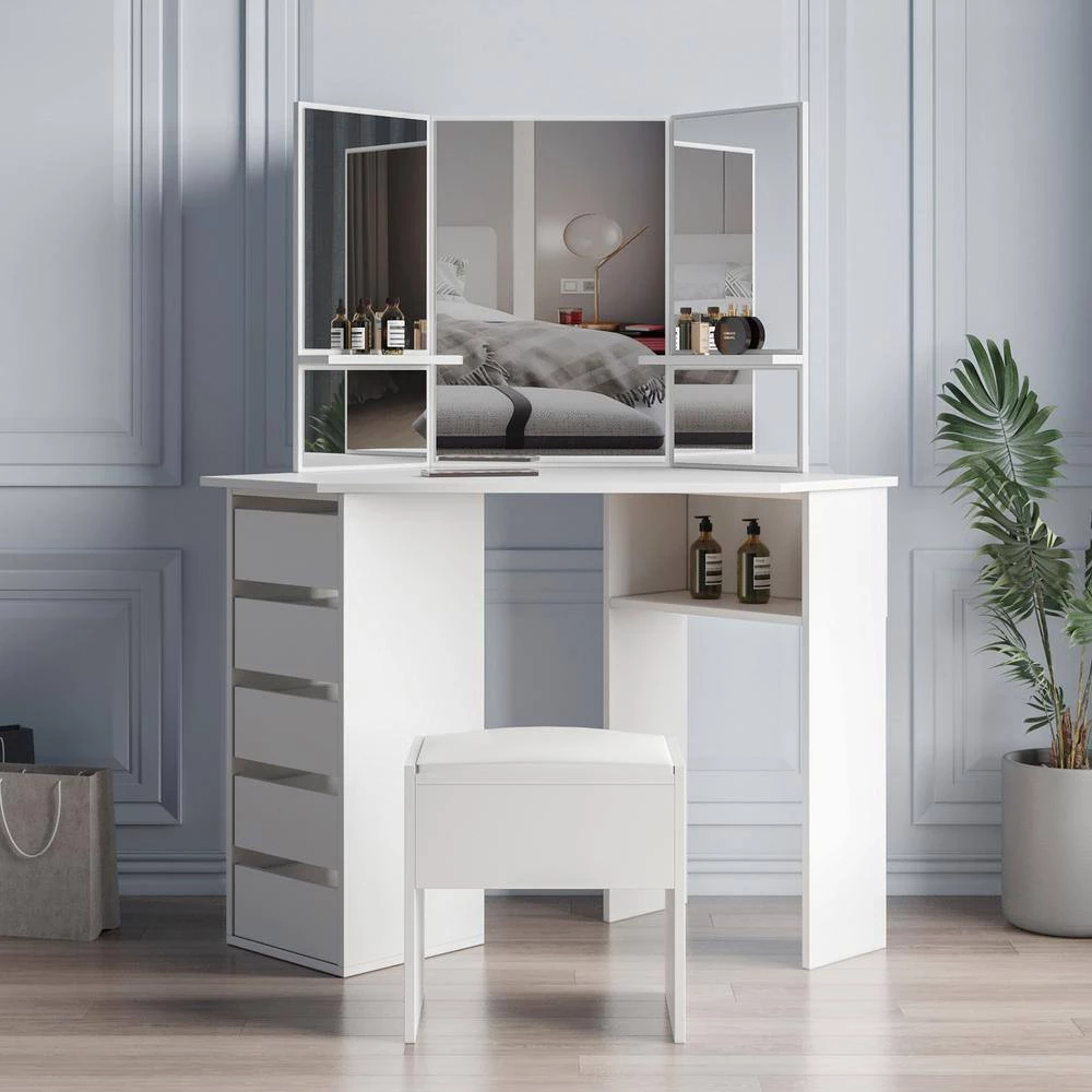 44.88in. x 24.02in. x 55.12in. White Wooden Vanity Table Set Corner Dressing Table with Three-Fold Mirror and 5 Drawer by Aoibox 5 44.88in. x 24.02in. x 55.12in. White Wooden Vanity Table Set Corner Dressing Table with Three-Fold Mirror and 5 Drawer by Aoibox - Image 5