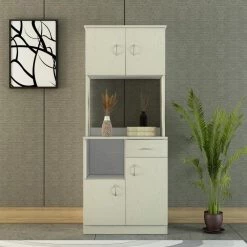 Modern Kitchen Pantry with Buffet Cabinet, 4 door & 1 drawer, Cupboard Doors and Shelves, White Oak by Aoibox