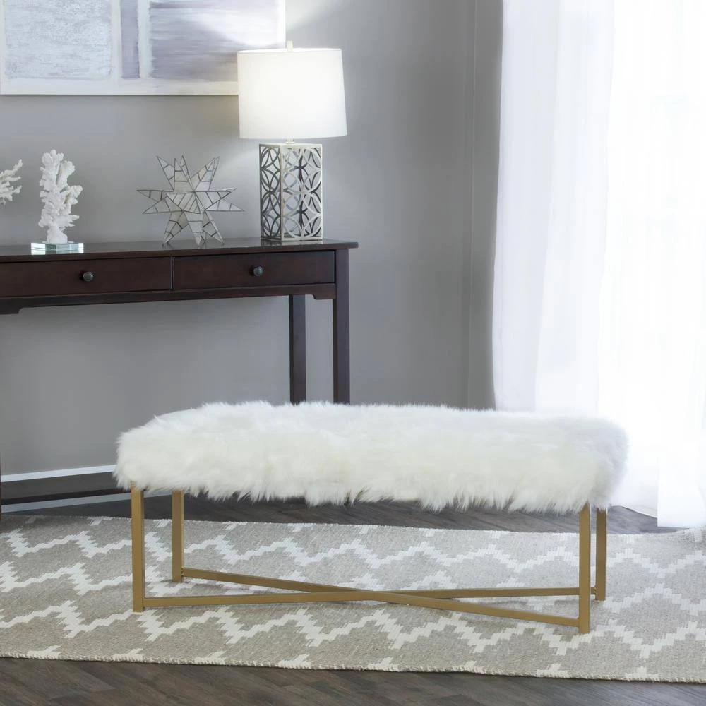 White Rectangle Bench with Faux Fur - 17 in. Height X 45 in. Width X 15.5 in. Deep by Homepop 4 White Rectangle Bench with Faux Fur - 17 in. Height X 45 in. Width X 15.5 in. Deep by Homepop - Image 4