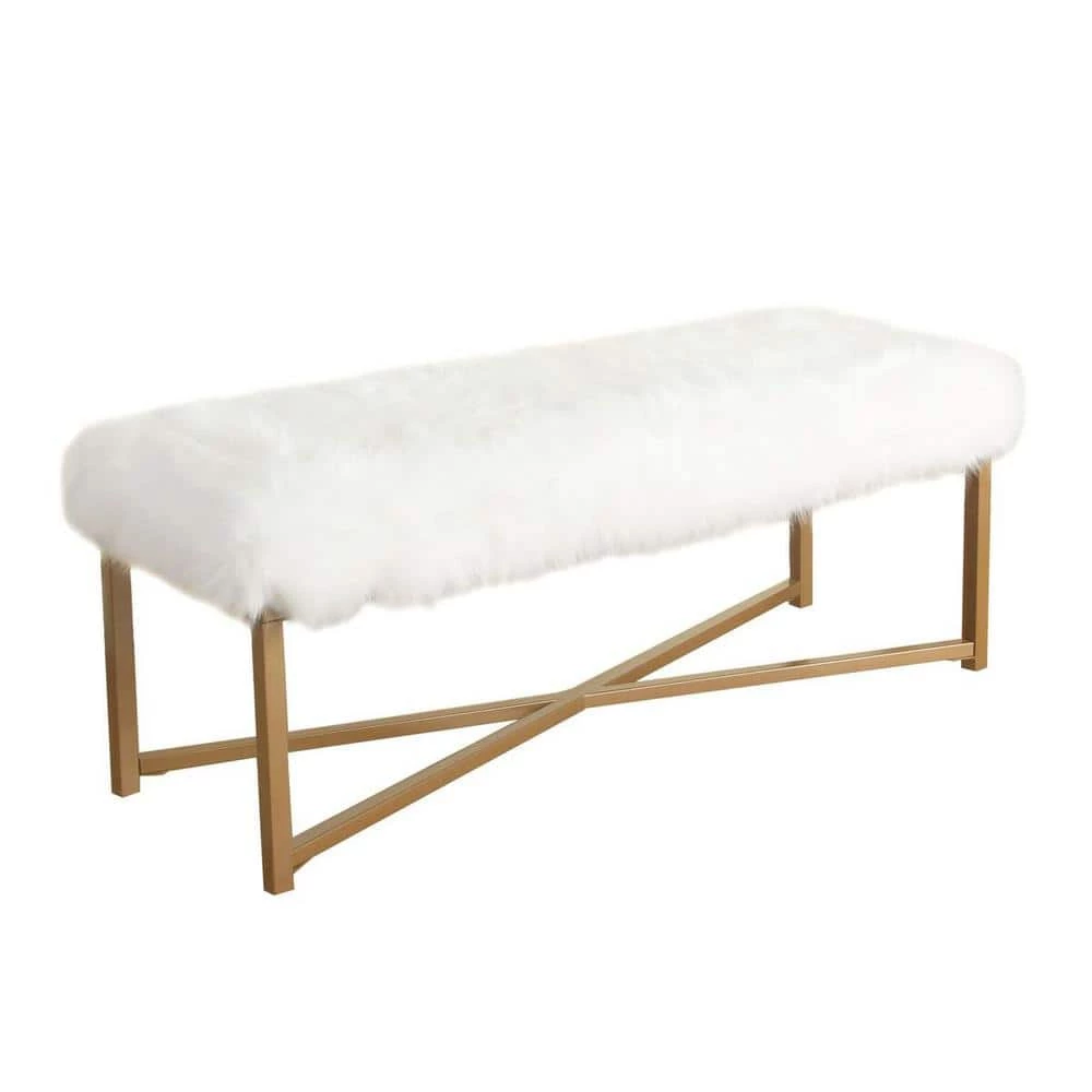 White Rectangle Bench with Faux Fur - 17 in. Height X 45 in. Width X 15.5 in. Deep by Homepop 1 White Rectangle Bench with Faux Fur - 17 in. Height X 45 in. Width X 15.5 in. Deep by Homepop