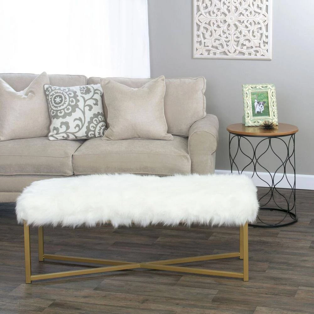 White Rectangle Bench with Faux Fur - 17 in. Height X 45 in. Width X 15.5 in. Deep by Homepop 2 White Rectangle Bench with Faux Fur - 17 in. Height X 45 in. Width X 15.5 in. Deep by Homepop - Image 2